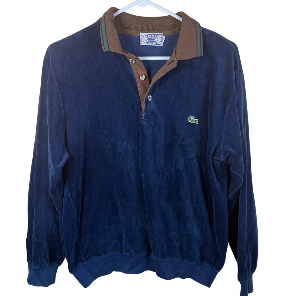 VTG IZOD Lacoste Velour Polo Shirt Mens Large Blue 70s Long Sleeve Rare Classic